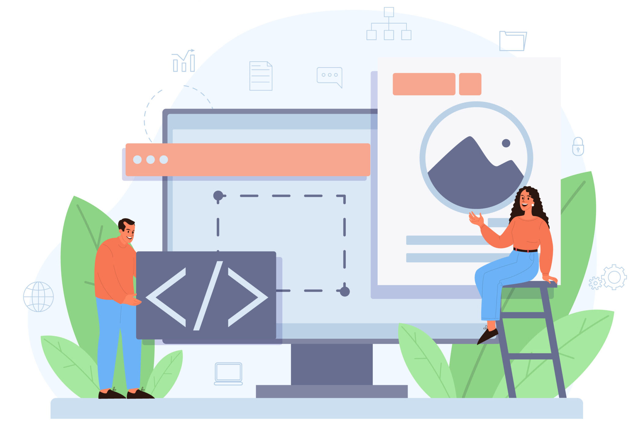 Layout designer concept. Web development, mobile app design. People building user interface template. Computer technology. Isolated flat vector illustration